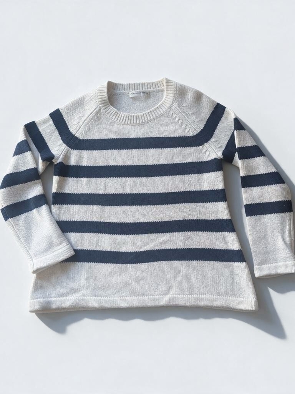Hannah Rose White Navy Striped Cashmere Cotton Crewneck Sweater SP